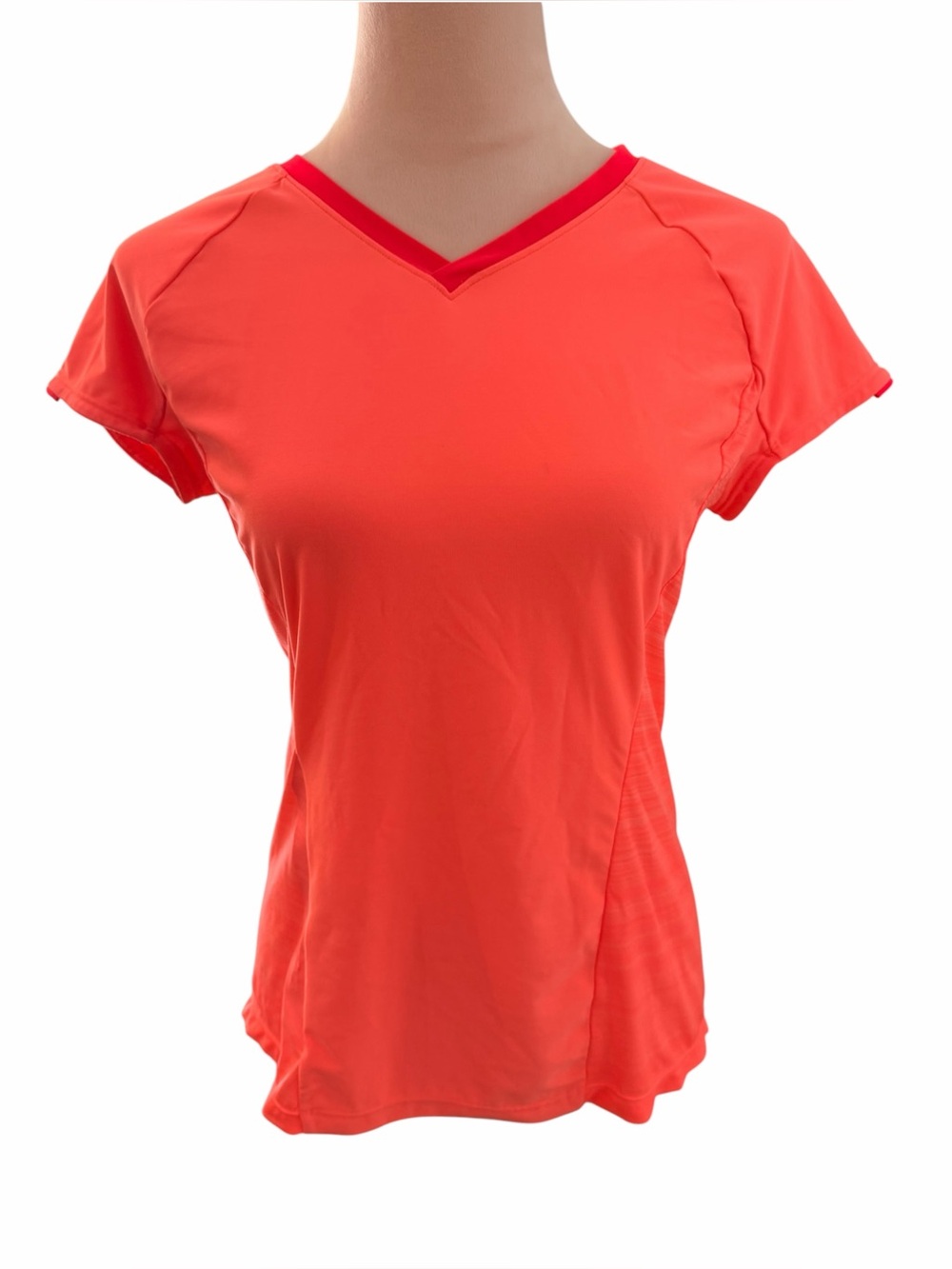 Women’s Medium V-Neck Active Tee Coral Orange Stretch Lightweight Shirt Workout